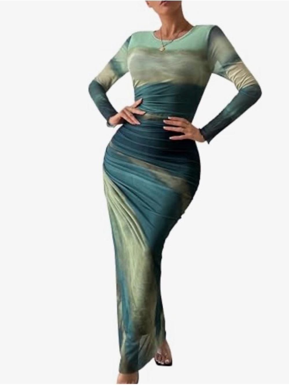 Sleek Long Sleeve Teal & Sage Ruched Maxi Dress